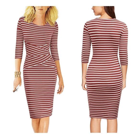 NWT Striped 3/4 Sleeve Office Work Business Cocktail Pencil Dress SIZE XL - Picture 2 of 13